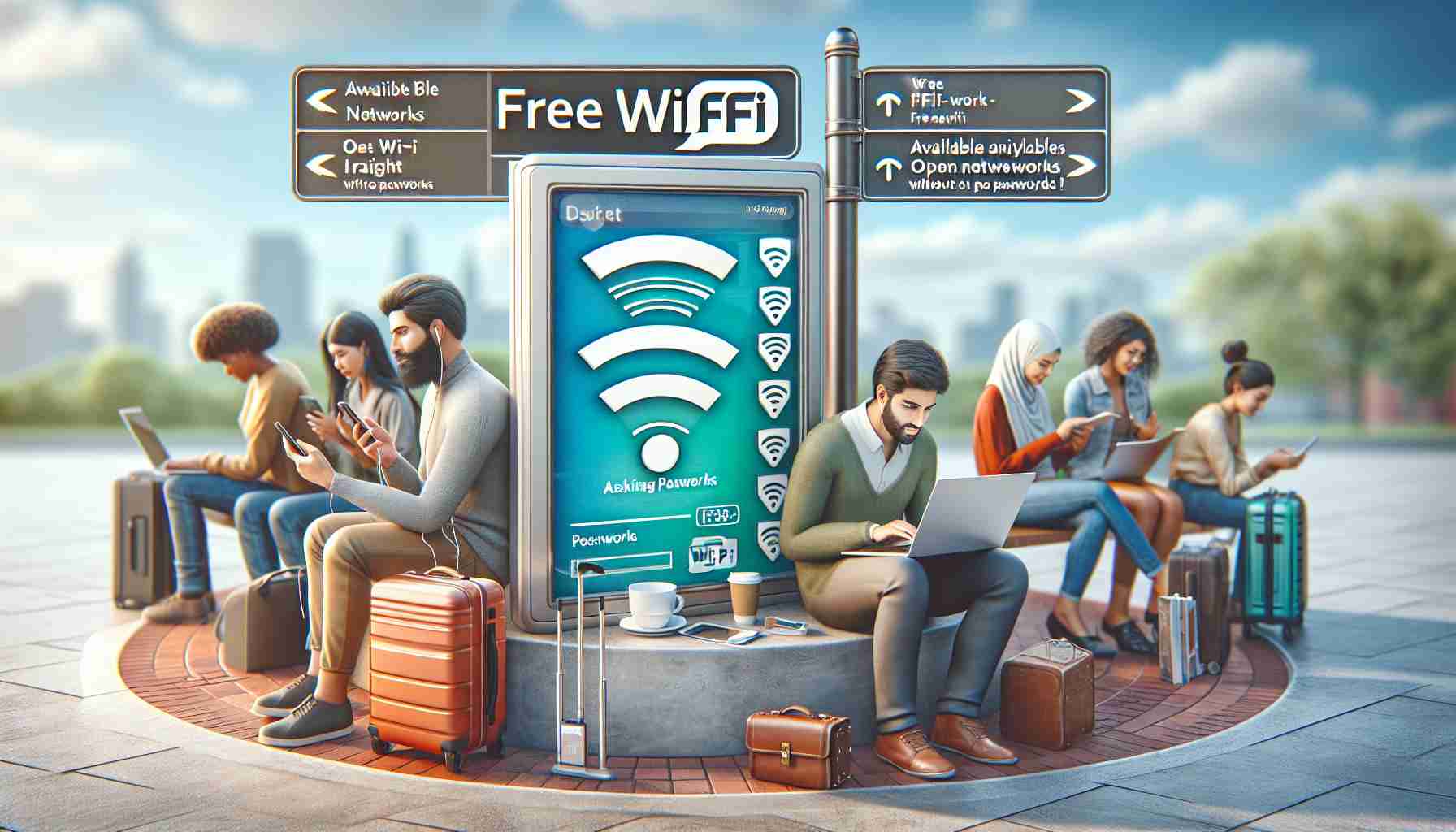 Create a realistic high-definition image depicting various easy methods to access free Wi-Fi without asking for passwords. This can include a person sitting in a public space like a park or coffee shop with their laptop, showing available open networks on the screen. There could be also a signage indicating free Wi-Fi in the vicinity. All people can be from different descents, such as a Middle Eastern man using his laptop and a South Asian woman sitting nearby with her smartphone. This image does not promote any unlawful activities.