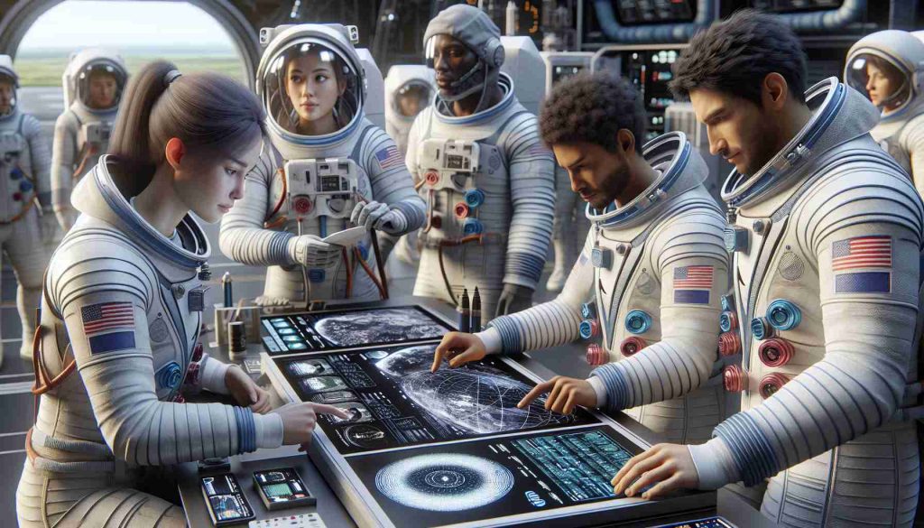 Realistic high-definition image of a diverse group of astronauts preparing for a ground-breaking research mission aimed at the frontier of space. There is a Caucasian female astronaut checking her equipment, a Black male astronaut discussing the mission plan on a digital interface, a Hispanic male astronaut communicating with the mission control, and a South Asian female astronaut preparing the shuttle for the launch.