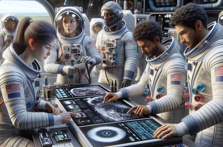 Realistic high-definition image of a diverse group of astronauts preparing for a ground-breaking research mission aimed at the frontier of space. There is a Caucasian female astronaut checking her equipment, a Black male astronaut discussing the mission plan on a digital interface, a Hispanic male astronaut communicating with the mission control, and a South Asian female astronaut preparing the shuttle for the launch.