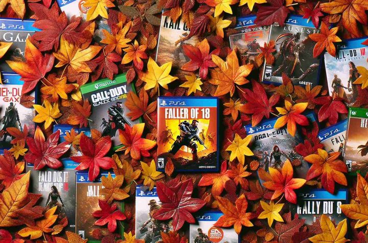 Generate a high-definition, realistic image capturing the essence of fresh video game releases forecasted for the fall season. The image highlights the vibrancy of autumn through graphical depictions showing game cover arts scattered among lively, richly-hued fall leaves. The warm hues of red, orange, and gold are intermingling with the rugged textures of game boxes. The image exudes a sense of eager anticipation and excitement surrounding these new releases.