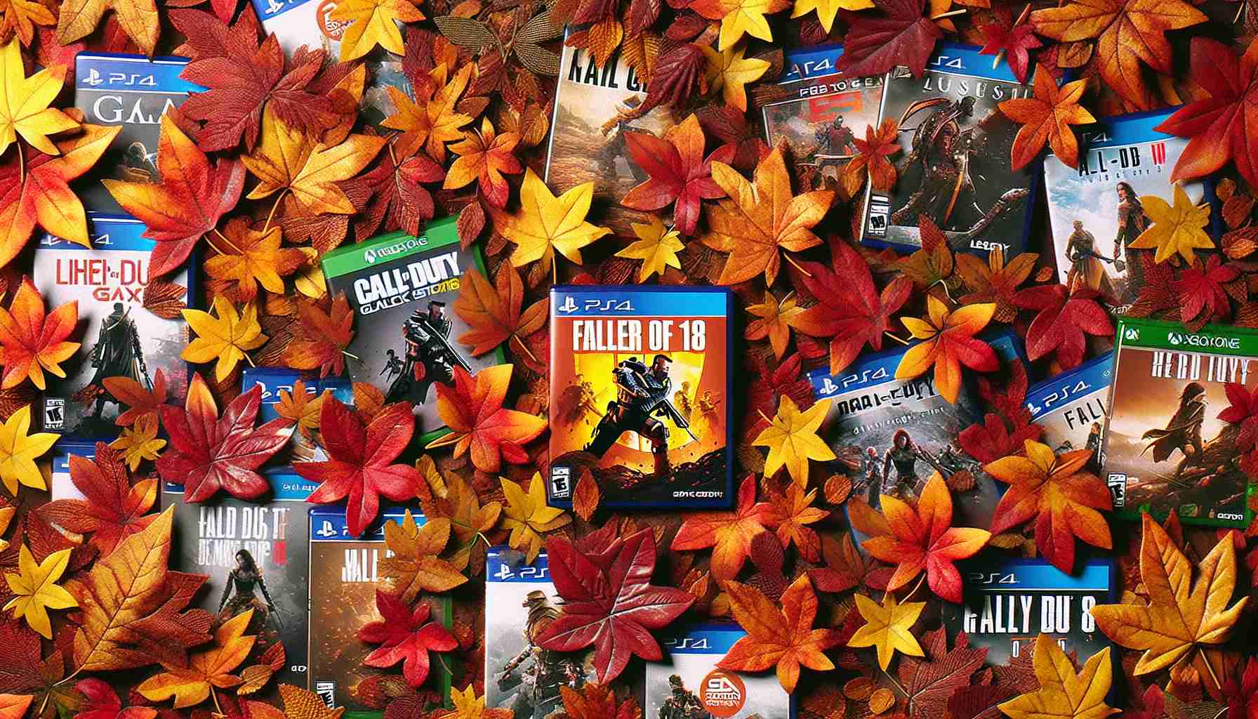 Generate a high-definition, realistic image capturing the essence of fresh video game releases forecasted for the fall season. The image highlights the vibrancy of autumn through graphical depictions showing game cover arts scattered among lively, richly-hued fall leaves. The warm hues of red, orange, and gold are intermingling with the rugged textures of game boxes. The image exudes a sense of eager anticipation and excitement surrounding these new releases.