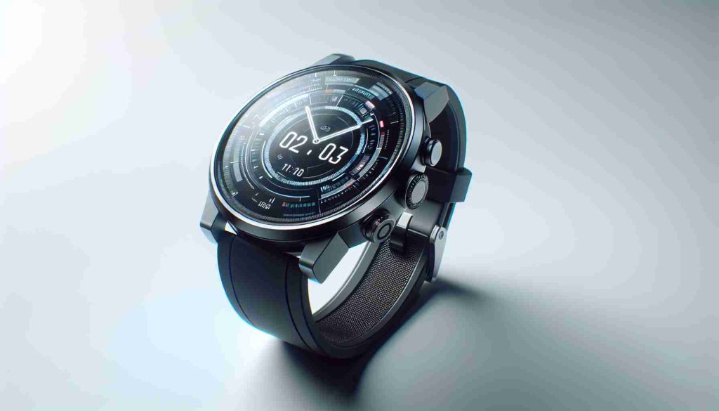 Generate a realistic, high-definition image of an innovative and revolutionary new smartwatch shown off by a leading technology corporation. This high-tech watch should be modern and sleek, displaying futuristic digital features that signify strong advancements in wearable technology. The watch should be situated on a pristine, minimalist white background, hinting at sophistication and vanguard design.