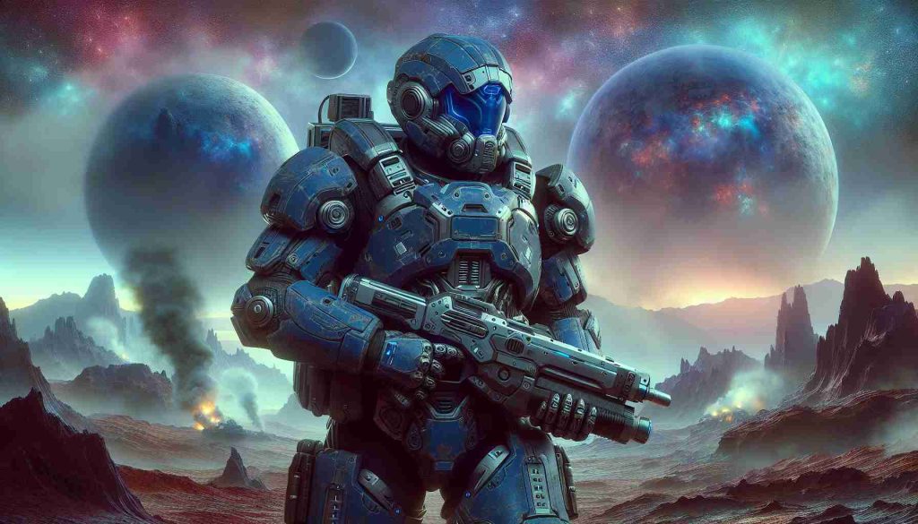 Generate a high resolution, realistic image of a futuristic armored soldier coming back to the battlefield. The soldier should be wearing a heavy, power armor designed for space combat. The armor should be painted in hues of cobalt blue with silver accents. The soldier carries a plasma rifle in his hands, and around him the environment is a desolated, war-torn alien planet with craters and smoke rising from the ground. The planet's eerie, otherworldly atmosphere has an odd colored sky due to the distant sun's light.