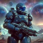 Generate a high resolution, realistic image of a futuristic armored soldier coming back to the battlefield. The soldier should be wearing a heavy, power armor designed for space combat. The armor should be painted in hues of cobalt blue with silver accents. The soldier carries a plasma rifle in his hands, and around him the environment is a desolated, war-torn alien planet with craters and smoke rising from the ground. The planet's eerie, otherworldly atmosphere has an odd colored sky due to the distant sun's light.