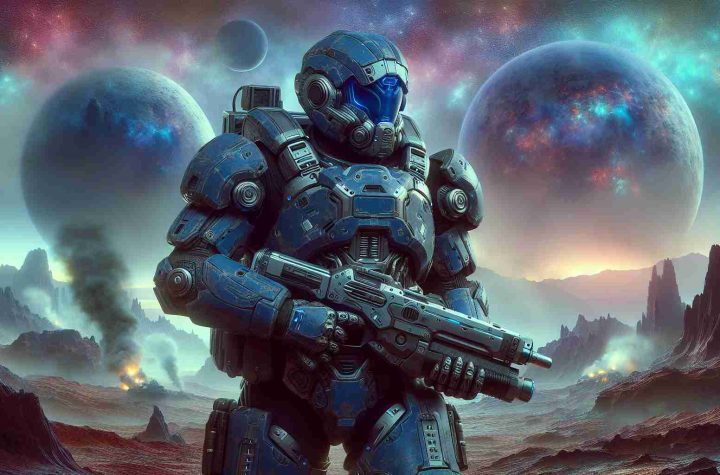 Generate a high resolution, realistic image of a futuristic armored soldier coming back to the battlefield. The soldier should be wearing a heavy, power armor designed for space combat. The armor should be painted in hues of cobalt blue with silver accents. The soldier carries a plasma rifle in his hands, and around him the environment is a desolated, war-torn alien planet with craters and smoke rising from the ground. The planet's eerie, otherworldly atmosphere has an odd colored sky due to the distant sun's light.