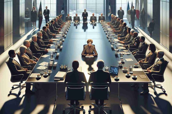 Create a highly detailed and realistic image featuring a meeting between a prominent female science leader of South Asian descent and numerous government officials. The officials consist of an equal balance of men and women, displaying a diverse array of descents including Caucasian, Hispanic, Black, Middle-Eastern, and East Asian. This pivotal meeting takes place in a spacious conference room with sophisticated technological equipment, casting long shadows, indicative of its late-night setting. Important documents, tablets, and warm cups of coffee dot the long table indicating the intense nature of the discussions that influence the global scientific and political landscape.