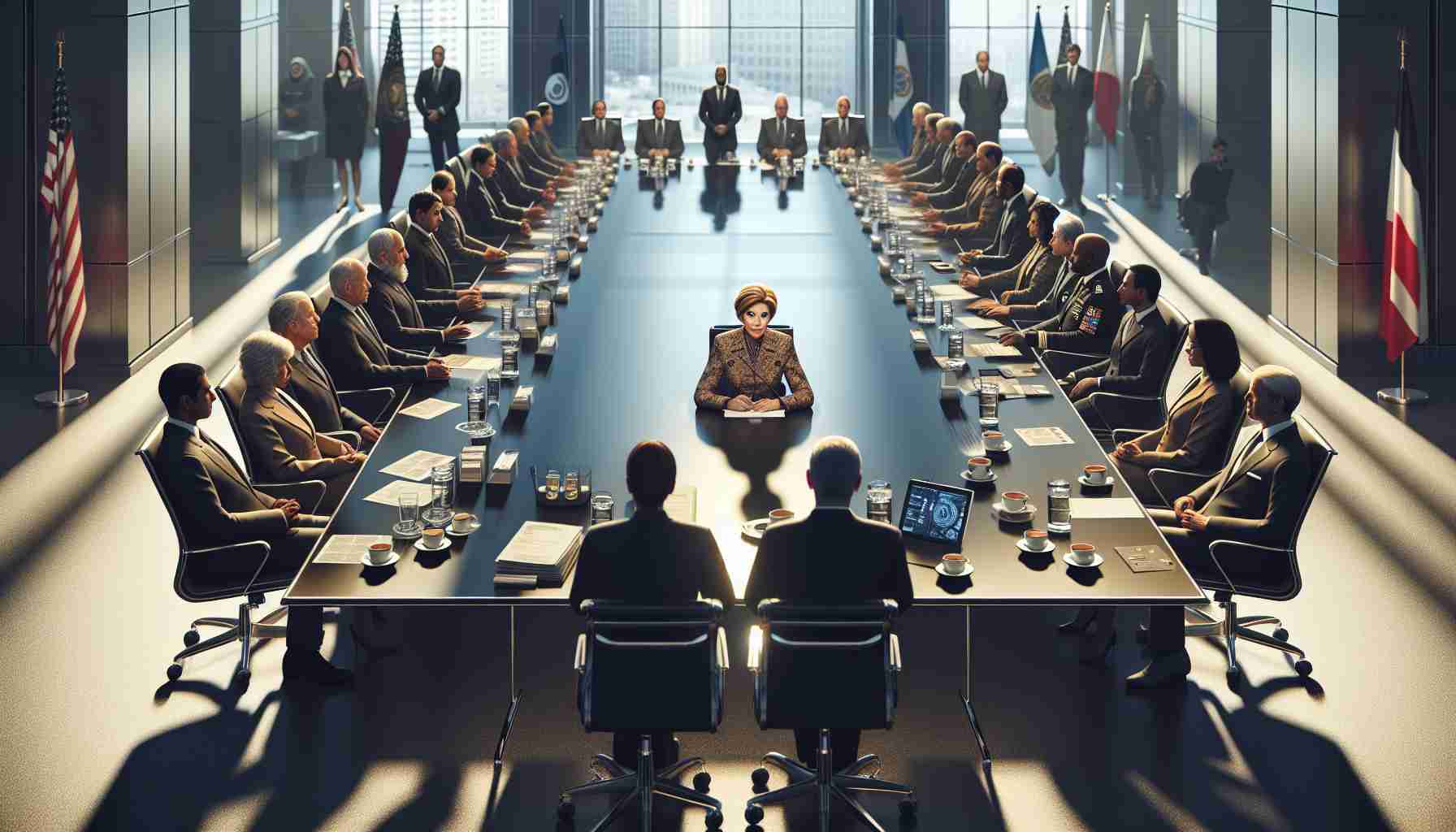 Create a highly detailed and realistic image featuring a meeting between a prominent female science leader of South Asian descent and numerous government officials. The officials consist of an equal balance of men and women, displaying a diverse array of descents including Caucasian, Hispanic, Black, Middle-Eastern, and East Asian. This pivotal meeting takes place in a spacious conference room with sophisticated technological equipment, casting long shadows, indicative of its late-night setting. Important documents, tablets, and warm cups of coffee dot the long table indicating the intense nature of the discussions that influence the global scientific and political landscape.