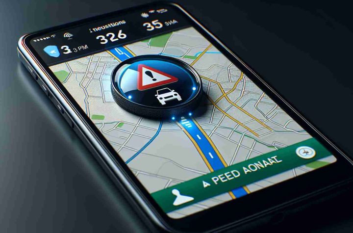 Realistic high-definition image showcasing the interface of a popular GPS navigation app, such as Google Maps. The interface should display a route on a detailed digital map. An alert symbol or notification should be present, indicating the existence of a speed camera or potential speed trap ahead on the route, reminding the user to adhere to the speed limit to avoid receiving speeding tickets.