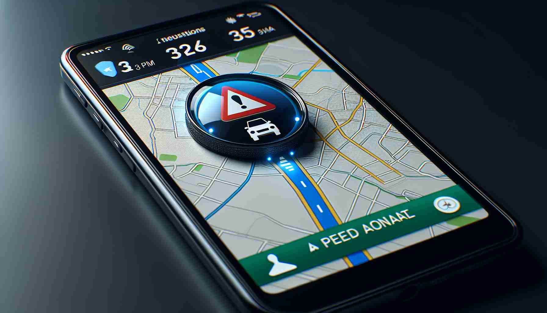 Realistic high-definition image showcasing the interface of a popular GPS navigation app, such as Google Maps. The interface should display a route on a detailed digital map. An alert symbol or notification should be present, indicating the existence of a speed camera or potential speed trap ahead on the route, reminding the user to adhere to the speed limit to avoid receiving speeding tickets.