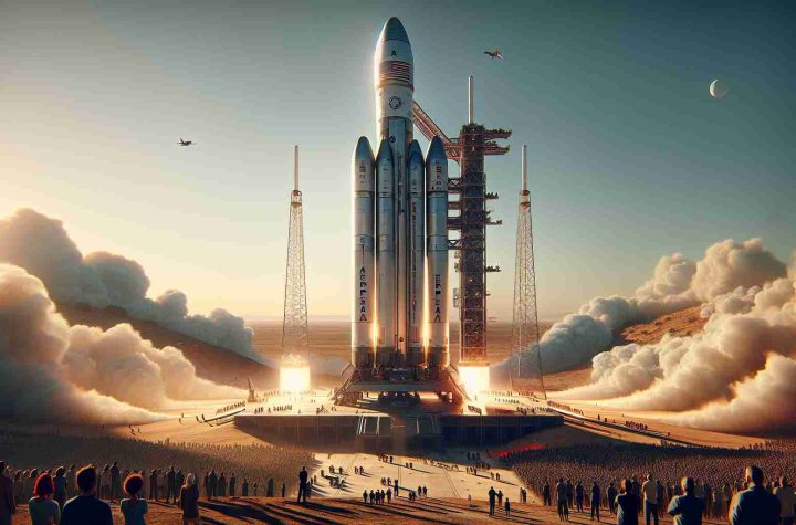 Generate a high definition, realistic image featuring the grand launch of a fictional space mission named 'Terra Explora'. The scene should be filled with anticipation and excitement, as the colossal rocket prepares to soar into the cosmos. The rocket should carry the name 'Terra Explora' emblazoned on its side. In the background, include spectators from a variety of descents and genders, gathered to witness this historic event. The sky should be clear, and the setting, late afternoon with the sun gently setting, casting long shadows and a beautiful golden hue over the scene.