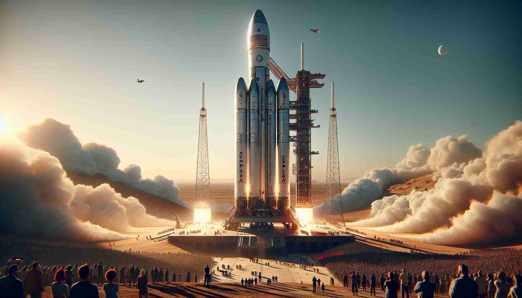 Generate a high definition, realistic image featuring the grand launch of a fictional space mission named 'Terra Explora'. The scene should be filled with anticipation and excitement, as the colossal rocket prepares to soar into the cosmos. The rocket should carry the name 'Terra Explora' emblazoned on its side. In the background, include spectators from a variety of descents and genders, gathered to witness this historic event. The sky should be clear, and the setting, late afternoon with the sun gently setting, casting long shadows and a beautiful golden hue over the scene.