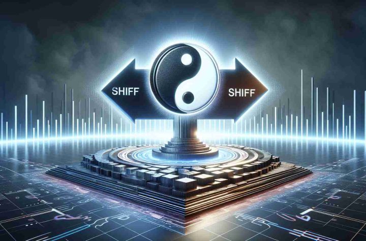 High-definition, realistic digital image showcasing the concept of shifting towards ownership, exemplified by an abstract interpretation of a pioneering digital platform. The scene could include a large arrow indicating the shift, with a stylized logo similar to a yin and yang symbol to represent balance and fairness at the tip of the arrow. All elements should be bathed in a futuristic light, signifying the rise of digital platforms and the empowerment of users.