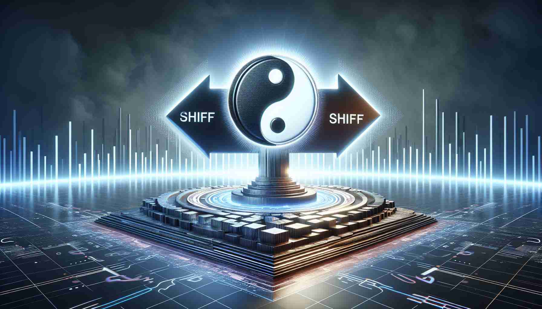 High-definition, realistic digital image showcasing the concept of shifting towards ownership, exemplified by an abstract interpretation of a pioneering digital platform. The scene could include a large arrow indicating the shift, with a stylized logo similar to a yin and yang symbol to represent balance and fairness at the tip of the arrow. All elements should be bathed in a futuristic light, signifying the rise of digital platforms and the empowerment of users.