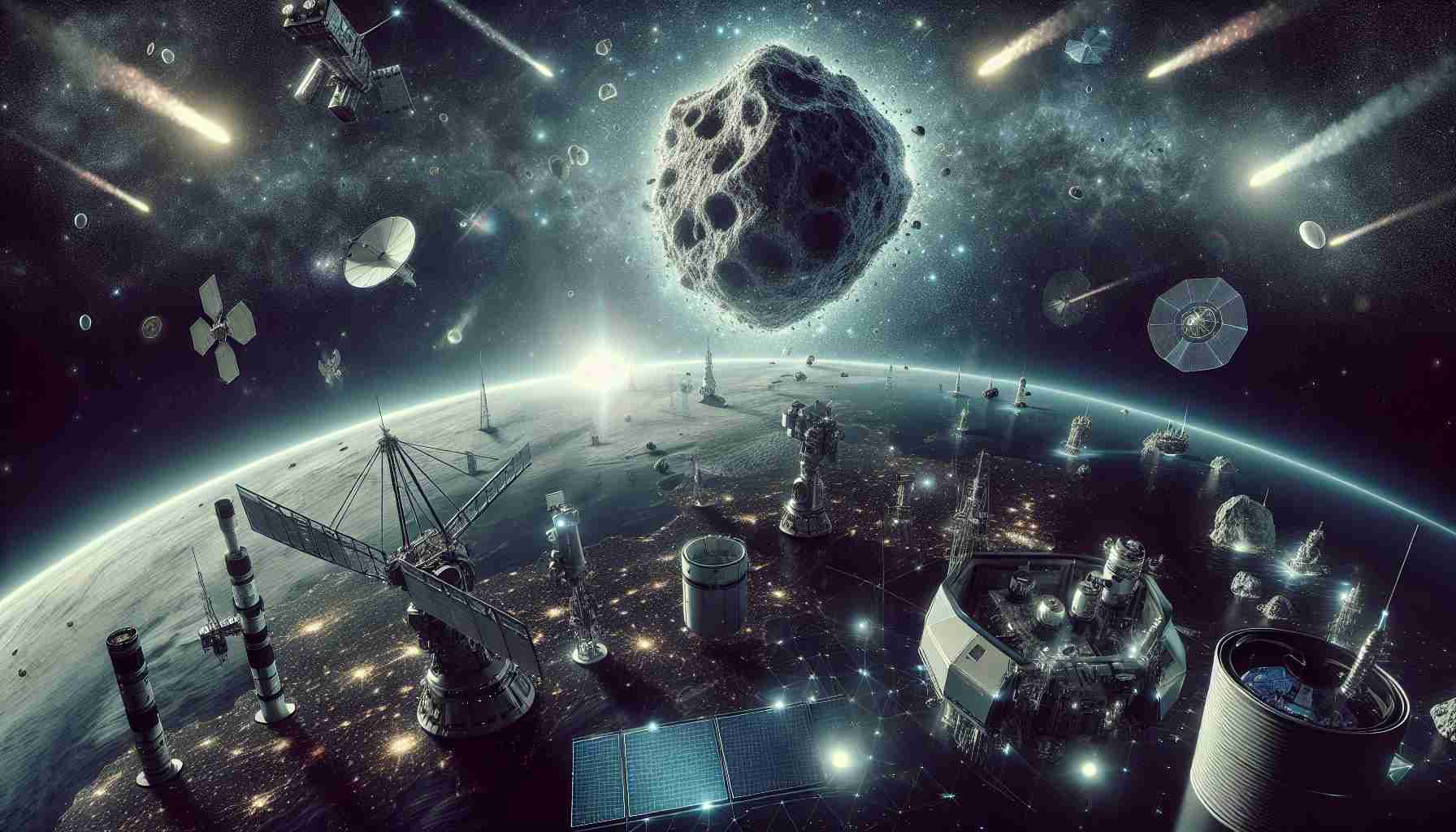 A highly detailed and realistic image showcasing the new era of asteroid defense initiatives. It should capture the concept of advanced technology such as state-of-the-art satellite systems, powerful telescopes, space surveillance equipment and potential interception rockets monitoring space for asteroid threats. The background should be the vast expanse of space, dotted with stars, galaxies and distant celestial bodies. This image represents mankind's progress and diligence in protecting Earth from potential asteroid hazards.