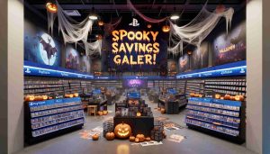 A high-definition, realistic photo displaying an exciting Halloween-themed sale event at a game store. The store has a massive PlayStation banner with 'Spooky Savings Galore!' written on it. Halloween decorations, such as pumpkins, cobwebs, and eerie lights, embellish the place, creating an immersive, spooky atmosphere. The shelves are filled with PlayStation games, and a few customers are seen browsing through them, their faces filled with anticipation. There are also marketing materials, such as flyers and posters, promoting the exclusive discounts and deals available only during this special sale event.