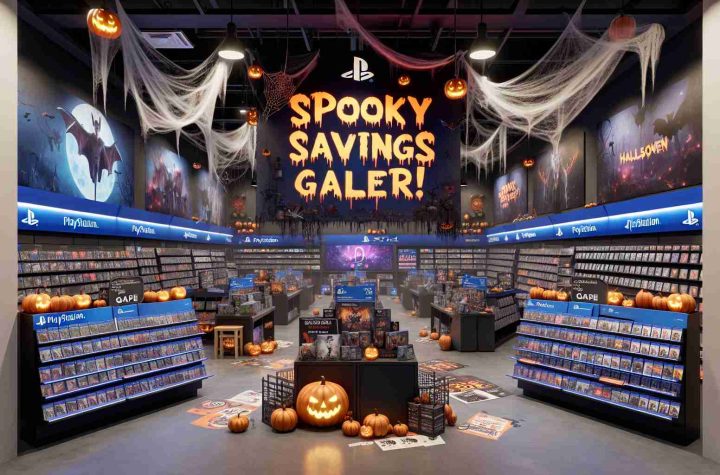 A high-definition, realistic photo displaying an exciting Halloween-themed sale event at a game store. The store has a massive PlayStation banner with 'Spooky Savings Galore!' written on it. Halloween decorations, such as pumpkins, cobwebs, and eerie lights, embellish the place, creating an immersive, spooky atmosphere. The shelves are filled with PlayStation games, and a few customers are seen browsing through them, their faces filled with anticipation. There are also marketing materials, such as flyers and posters, promoting the exclusive discounts and deals available only during this special sale event.