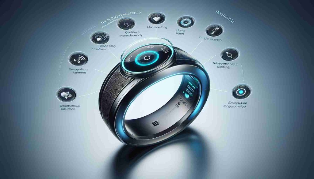 Create a realistic high-definition image of a revolutionary smart ring. It should reflect its status as a next-generation piece of wearable technology, specifically designed to monitor and improve health. The ring should exhibit advanced design features such as a sleek body, metallic finish, and embedded sensors. The technology interface - perhaps a micro LED screen or voice activation feature - should be prominent, hinting at the power and functionality contained within this small but potent health device.