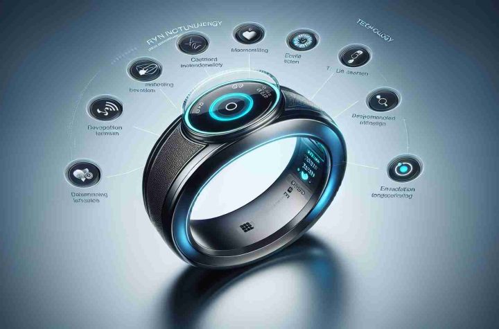 Create a realistic high-definition image of a revolutionary smart ring. It should reflect its status as a next-generation piece of wearable technology, specifically designed to monitor and improve health. The ring should exhibit advanced design features such as a sleek body, metallic finish, and embedded sensors. The technology interface - perhaps a micro LED screen or voice activation feature - should be prominent, hinting at the power and functionality contained within this small but potent health device.