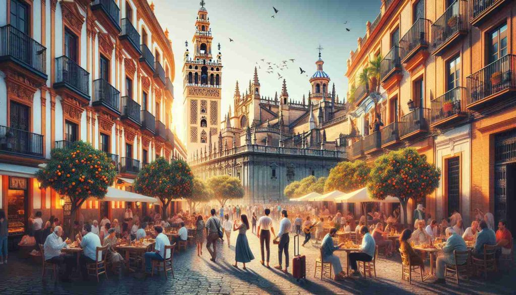 Generate an image showcasing a realistic high-definition portrayal of exploring the vibrant city of Seville. The image should capture exquisite architectural structures, cobblestone streets bustling with people of multiple descents such as Caucasian, Hispanic, Middle-Eastern, and Black. There should be lively outdoor cafes filled with people savoring tapas, while street musicians play flamenco music. The city's historic orange trees should be in full bloom, adding a pop of color. In the background, the imposing Gothic cathedral, Giralda bell tower, can be seen under the radiant Spanish sun.