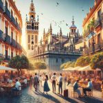 Generate an image showcasing a realistic high-definition portrayal of exploring the vibrant city of Seville. The image should capture exquisite architectural structures, cobblestone streets bustling with people of multiple descents such as Caucasian, Hispanic, Middle-Eastern, and Black. There should be lively outdoor cafes filled with people savoring tapas, while street musicians play flamenco music. The city's historic orange trees should be in full bloom, adding a pop of color. In the background, the imposing Gothic cathedral, Giralda bell tower, can be seen under the radiant Spanish sun.