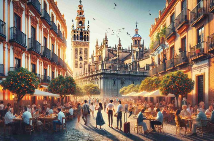 Generate an image showcasing a realistic high-definition portrayal of exploring the vibrant city of Seville. The image should capture exquisite architectural structures, cobblestone streets bustling with people of multiple descents such as Caucasian, Hispanic, Middle-Eastern, and Black. There should be lively outdoor cafes filled with people savoring tapas, while street musicians play flamenco music. The city's historic orange trees should be in full bloom, adding a pop of color. In the background, the imposing Gothic cathedral, Giralda bell tower, can be seen under the radiant Spanish sun.