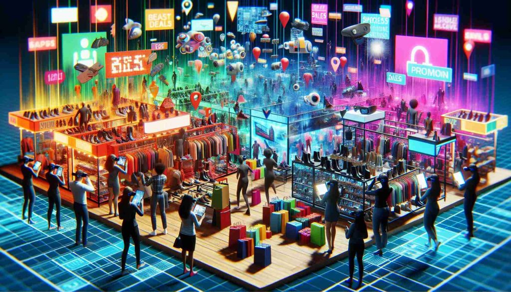 Envision a high-definition, lifelike image presenting the spectacle of a virtual shopping extravaganza. In this scene, a multitude of virtual stalls are set up with digital 3D objects representing different merchandise including clothes, shoes, accessories, and gadgets. Vibrant and dynamic colors are used to visually differentiate the various sections, as though guiding a path for potential buyers to explore. Customers of varying DESCENT and GENDER are using modern technology like VR headsets and tablets to navigate through the online market. Promotion banners and sales tags accentuate the 'best deals' in this immersive, digital shopping environment.