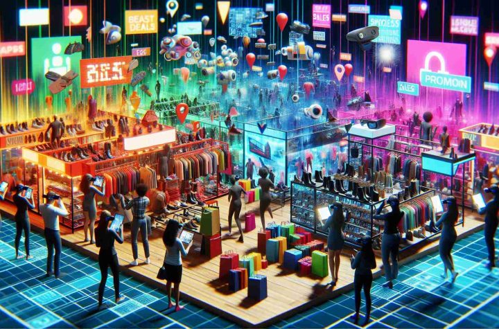 Envision a high-definition, lifelike image presenting the spectacle of a virtual shopping extravaganza. In this scene, a multitude of virtual stalls are set up with digital 3D objects representing different merchandise including clothes, shoes, accessories, and gadgets. Vibrant and dynamic colors are used to visually differentiate the various sections, as though guiding a path for potential buyers to explore. Customers of varying DESCENT and GENDER are using modern technology like VR headsets and tablets to navigate through the online market. Promotion banners and sales tags accentuate the 'best deals' in this immersive, digital shopping environment.