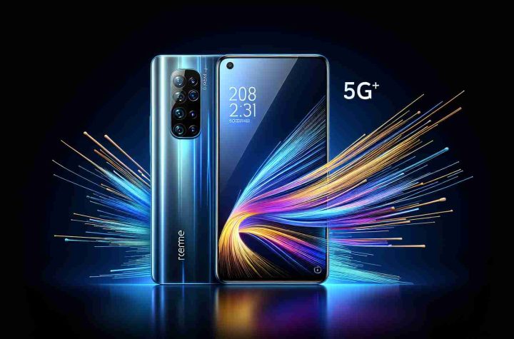 Generate a realistic, high-definition image of a theoretical, top-of-the-line smartphone dubbed the Realme 12 Pro+ 5G. The imagined device should boast a stylish and elegant design with the latest technology available. Represent its powerful capabilities through dynamic lines, an ultra-thin body, a sleek color scheme, a large display, and multiple cameras. Remember to highlight the 5G icon as a testament to its extraordinary connectivity.