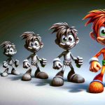 Realistic high-definition illustration of 'The Evolution of Gaming Icons: A New Era for a Game Character': A detailed image showing the evolution of a whimsical male game character, reminiscent of Rayman but distinct in his own way. This character is featured in different stages - from pixelated past to high-definition present, each iteration showing his growth and transition over the years in a clear, linear timeline. The character has no limbs connecting his hands and feet to his body, and he has large eyes and a mischievous smile conveying a lively persona.