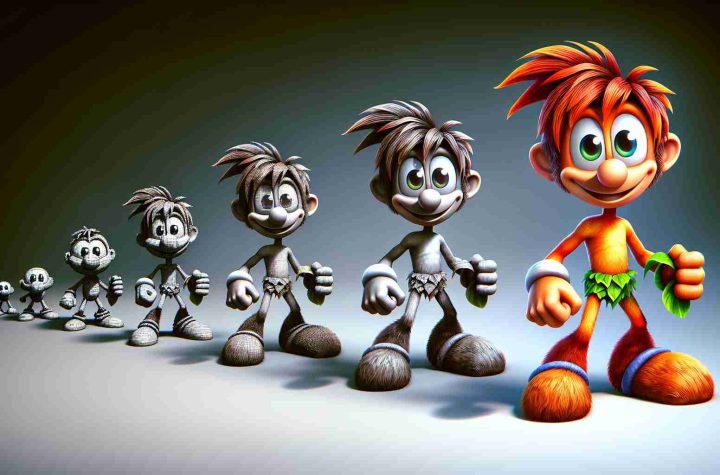 Realistic high-definition illustration of 'The Evolution of Gaming Icons: A New Era for a Game Character': A detailed image showing the evolution of a whimsical male game character, reminiscent of Rayman but distinct in his own way. This character is featured in different stages - from pixelated past to high-definition present, each iteration showing his growth and transition over the years in a clear, linear timeline. The character has no limbs connecting his hands and feet to his body, and he has large eyes and a mischievous smile conveying a lively persona.