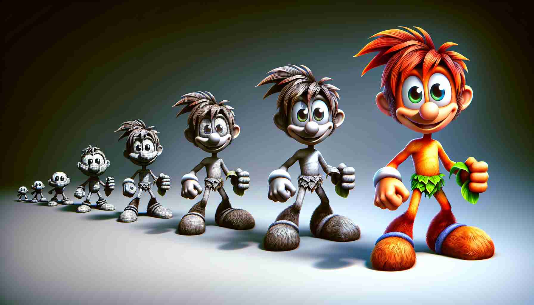 Realistic high-definition illustration of 'The Evolution of Gaming Icons: A New Era for a Game Character': A detailed image showing the evolution of a whimsical male game character, reminiscent of Rayman but distinct in his own way. This character is featured in different stages - from pixelated past to high-definition present, each iteration showing his growth and transition over the years in a clear, linear timeline. The character has no limbs connecting his hands and feet to his body, and he has large eyes and a mischievous smile conveying a lively persona.