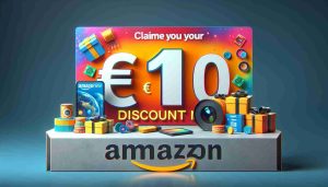 A high definition realistic image of an enticing Amazon promotional offer displaying the message, 'Claim Your €10 Discount Now.' The promotional banner should be vibrant and colorful, designed to grab attention, and indicate a sense of urgency to claim the discount.