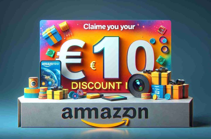 A high definition realistic image of an enticing Amazon promotional offer displaying the message, 'Claim Your €10 Discount Now.' The promotional banner should be vibrant and colorful, designed to grab attention, and indicate a sense of urgency to claim the discount.