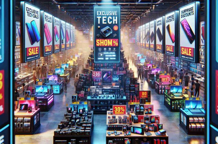 A high-definition, realistic image of a vibrant gadget emporium, filled to the brim with cutting-edge technology. The environment should be buzzing with activity, while posters announcing 'Exclusive Tech Deals' and 'Surprise Discounts', vividly appealing, are displayed prominently. A wide range of electronic gadgets like smartphones, laptops, gaming consoles, and smartwatches can be seen on display, with eye-catching price tags indicating steep discounts. The atmosphere should suggest a big sale event, with customers looking excited and thrilled as they examine the discounted products.