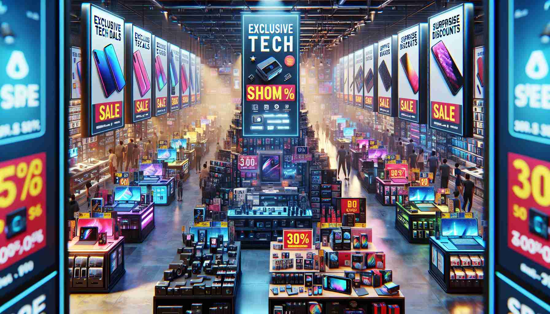 A high-definition, realistic image of a vibrant gadget emporium, filled to the brim with cutting-edge technology. The environment should be buzzing with activity, while posters announcing 'Exclusive Tech Deals' and 'Surprise Discounts', vividly appealing, are displayed prominently. A wide range of electronic gadgets like smartphones, laptops, gaming consoles, and smartwatches can be seen on display, with eye-catching price tags indicating steep discounts. The atmosphere should suggest a big sale event, with customers looking excited and thrilled as they examine the discounted products.