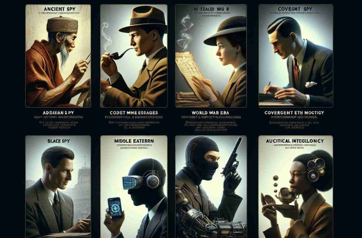 A highly detailed and realistic digital art representation of the evolution of espionage. The image should capture various historical periods. The first scene should show an ancient spy, an Asian male, employing old school methods like coded messages on parchments or covert meetings. The next should depict a Caucasian female agent during World War era, cleverly using vintage technology and encryption methods. The third should reflect a Middle Eastern male spy during the Cold War, using subtle gadgets and clandestine methods. The final scene should portray a futuristic Black female spy equipped with state-of-the-art technology, using artificial intelligence and virtual reality. Each scene should have an undertone of thrilling deception.