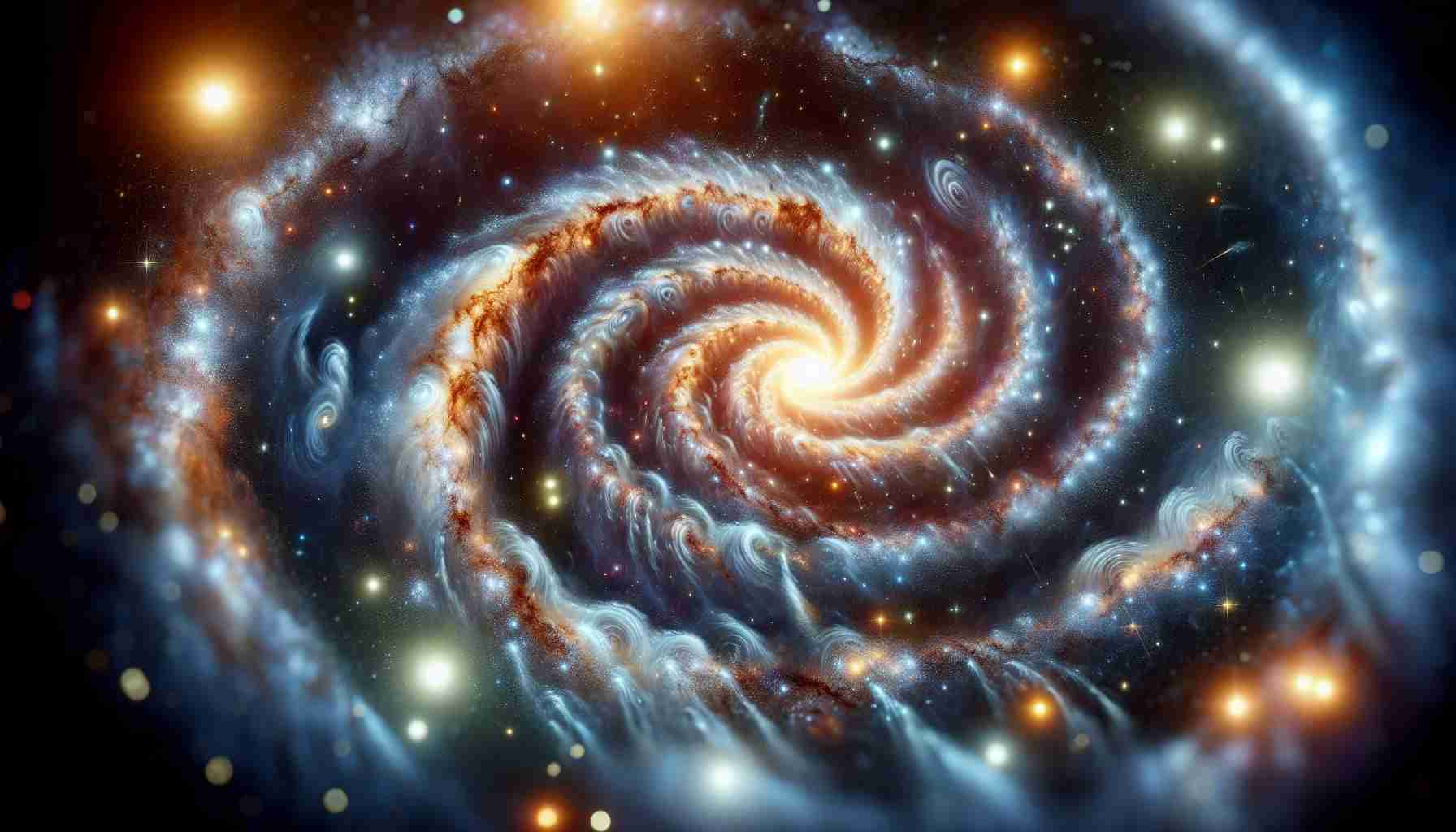 Accurate, high-definition depiction of the discovery of an unusual galaxy that challenges current astronomical understanding. This scene should portray a vibrant, spiraling galaxy with peculiar formations, unlike anything seen before. The galaxy dazzles with luminous star bursts, nebulous clouds, and unusual alignments of celestial bodies. This sight is observed in the grandeur of space, with distant stars, nebulae, and possibly other galaxies twinkling in the background, adding depth and intrigue to the scene, thereby symbolizing the continuous quest for knowledge and discovery in the vast expanses of the universe.