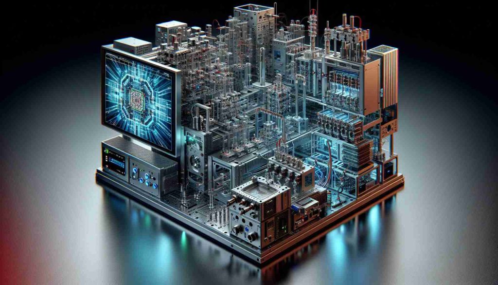 A high-definition, realistic image of a state-of-the-art quantum test system that is revolutionizing the development of quantum chips. This advanced system should include complex machinery involved in testing the functionality and efficiency of quantum chips. The device should display technologies that represent the most forward-thinking advances in chip development. Details such as wires, circuitry, microscopic components, and digital screens should be discernable, further emphasizing the intricacy and the advanced technology of this quantum testing system.