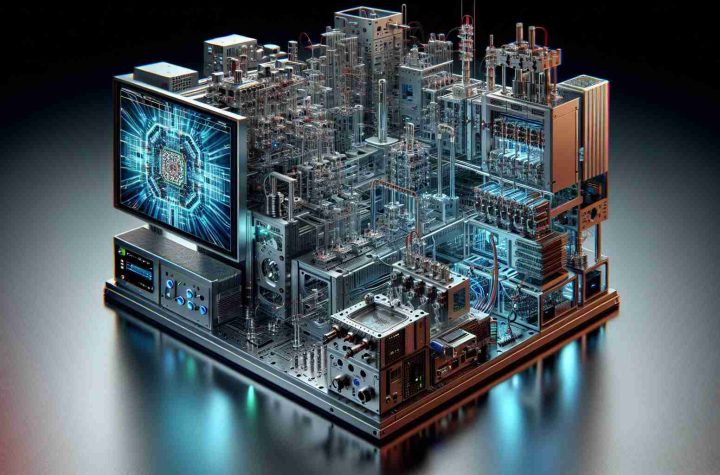 A high-definition, realistic image of a state-of-the-art quantum test system that is revolutionizing the development of quantum chips. This advanced system should include complex machinery involved in testing the functionality and efficiency of quantum chips. The device should display technologies that represent the most forward-thinking advances in chip development. Details such as wires, circuitry, microscopic components, and digital screens should be discernable, further emphasizing the intricacy and the advanced technology of this quantum testing system.