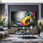 Illustrate a realistic high-definition image of a large 75-inch modern television, showcasing its sleek design and advanced features. The TV should be seen as a centerpiece of a chic and stylish living room, synergizing with other decor to create a cutting-edge home entertainment setup.