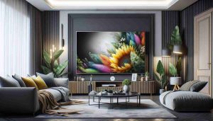 Illustrate a realistic high-definition image of a large 75-inch modern television, showcasing its sleek design and advanced features. The TV should be seen as a centerpiece of a chic and stylish living room, synergizing with other decor to create a cutting-edge home entertainment setup.