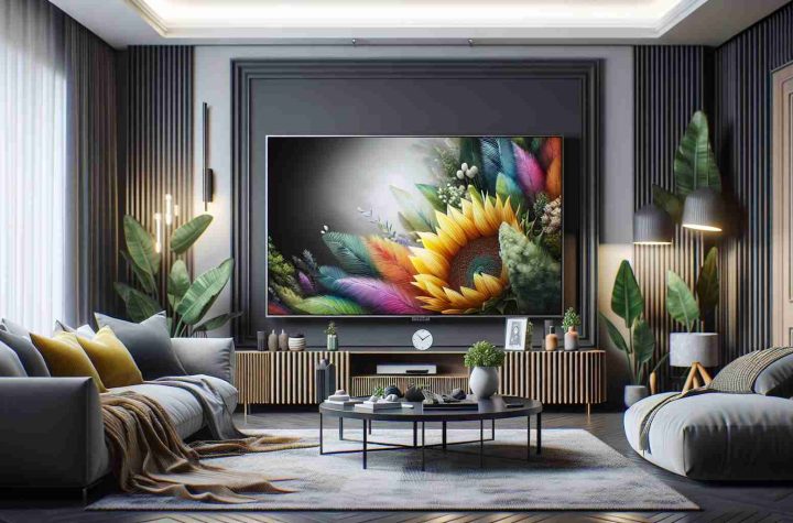 Illustrate a realistic high-definition image of a large 75-inch modern television, showcasing its sleek design and advanced features. The TV should be seen as a centerpiece of a chic and stylish living room, synergizing with other decor to create a cutting-edge home entertainment setup.