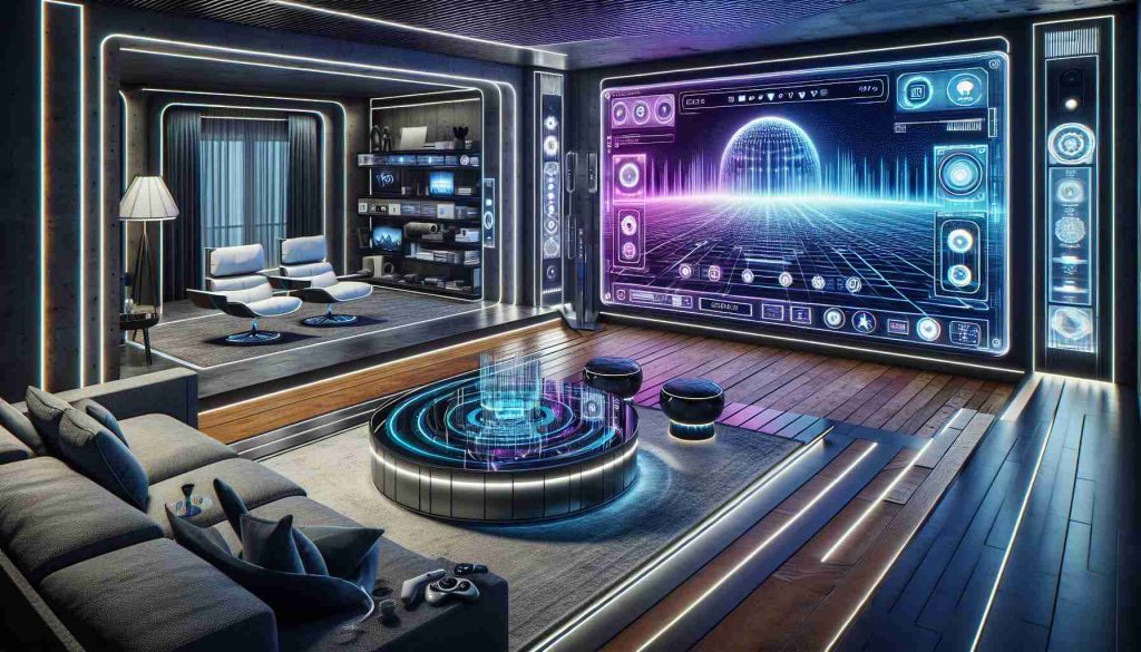 A detailed and high-definition image showcasing the future of home entertainment. This scene includes a futuristic living room setup with cutting-edge technology such as a large holographic television, smart control panels on the walls capable of controlling all devices in the room, augmented reality glasses on a coffee table, and super comfortable smart furniture that adjusts to the individual's needs for ultimate comfort. This is billed as a one-time, revolutionary deal for consumers looking to upgrade their home entertainment systems.