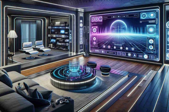 A detailed and high-definition image showcasing the future of home entertainment. This scene includes a futuristic living room setup with cutting-edge technology such as a large holographic television, smart control panels on the walls capable of controlling all devices in the room, augmented reality glasses on a coffee table, and super comfortable smart furniture that adjusts to the individual's needs for ultimate comfort. This is billed as a one-time, revolutionary deal for consumers looking to upgrade their home entertainment systems.