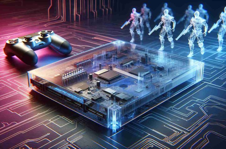 A hyper-realistic, high-resolution illustration of a novel perspective on gaming technology. Imagine a cutting-edge gaming console composed of transparent material, making visible the intricate latticework of the circuitry inside. Visualize some game characters alive on the console surface, merging the divide between the physical and software dimensions of gaming. The background illuminates the scene with a gradient of neon colors adding to the feel of this advanced technology.