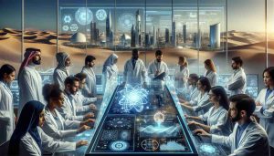 High-definition, realistic photo of a concept art scene where a group of scientists are exploring Quantum Frontiers in the Gulf Region. The scene includes diverse genders and descendants. There are male and female scientists of Middle Eastern, Caucasian, Hispanic, Black, South Asian and East Asian descent. They're in modern lab coats, surrounded by sophisticated technology. They are exploring charts and diagrams that represent quantum properties along with real-time simulations represented through holographic projections. The Gulf region's identifiable natural and architectural elements like sand dunes, palm trees, and modern skyscrapers are visible through the lab's panoramic windows.