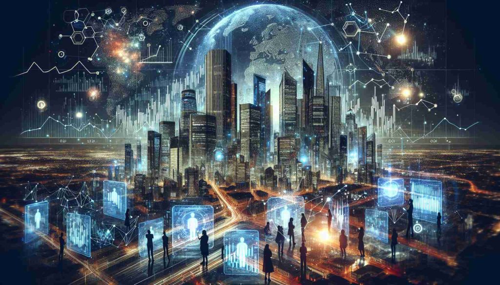 An image that portrays the thrilling exploration of future technology stocks. Showcase an abstract representation of a futuristic cityscape with impressive skyscrapers, overlaid with glowing stock market graphs and charts. Add a touch of realism and detail by including people from different descents and genders, interacting with holographic interfaces. Also incorporate futuristic devices symbolizing advanced technology. The image could hint at globalization with a nighttime sky filled with constellations originating from every hemisphere.