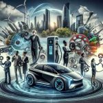 Highly detailed and realistic image showcasing the revolution in electric mobility. Depict a collaboration of various people, each holding a different gears. Include a backdrop of a futuristic city powered by renewable energy. In the foreground, show an advanced, sleek, electric vehicle connected to a charging station, embodying innovation. Ensure to depict a South Asian man, a Caucasian woman, a Black woman, and a Middle-Eastern man working together harmoniously, symbolizing the power of collaborative efforts in transforming the future of transportation.