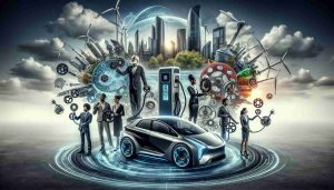 Highly detailed and realistic image showcasing the revolution in electric mobility. Depict a collaboration of various people, each holding a different gears. Include a backdrop of a futuristic city powered by renewable energy. In the foreground, show an advanced, sleek, electric vehicle connected to a charging station, embodying innovation. Ensure to depict a South Asian man, a Caucasian woman, a Black woman, and a Middle-Eastern man working together harmoniously, symbolizing the power of collaborative efforts in transforming the future of transportation.