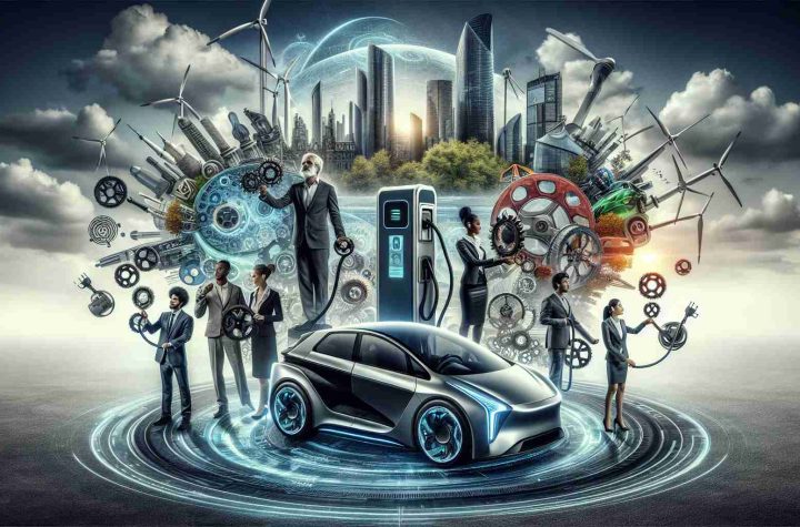 Highly detailed and realistic image showcasing the revolution in electric mobility. Depict a collaboration of various people, each holding a different gears. Include a backdrop of a futuristic city powered by renewable energy. In the foreground, show an advanced, sleek, electric vehicle connected to a charging station, embodying innovation. Ensure to depict a South Asian man, a Caucasian woman, a Black woman, and a Middle-Eastern man working together harmoniously, symbolizing the power of collaborative efforts in transforming the future of transportation.